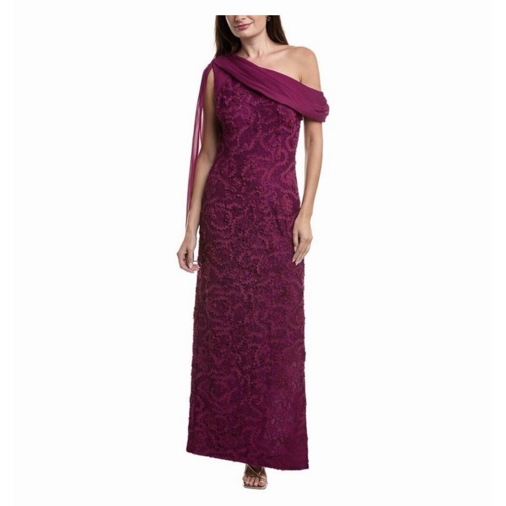 JS Collections Elodie Floral One-Shoulder Neck Drape Gown Size 6 $298 Raspberry